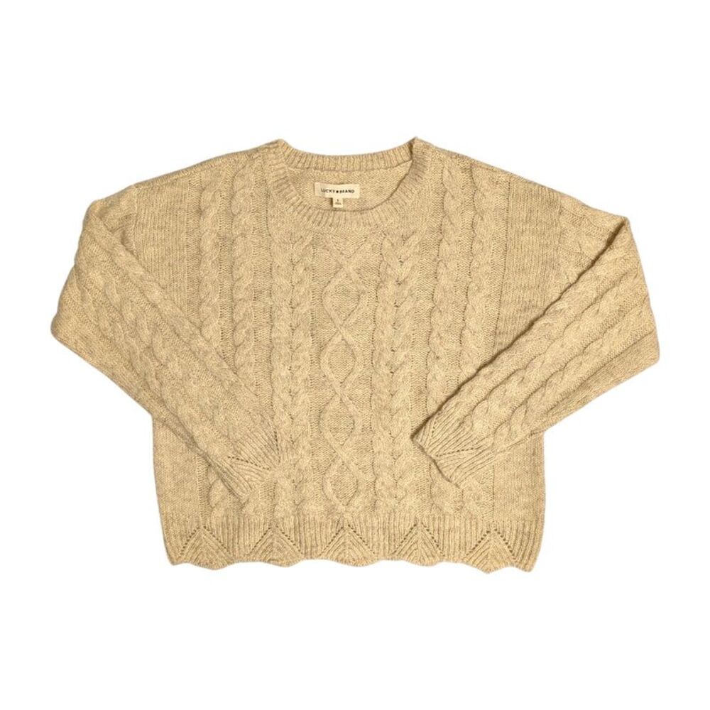 Lucky Brand Women's Lightweight Scallop Edge Hemmed Cable Knit Sweater - Cream